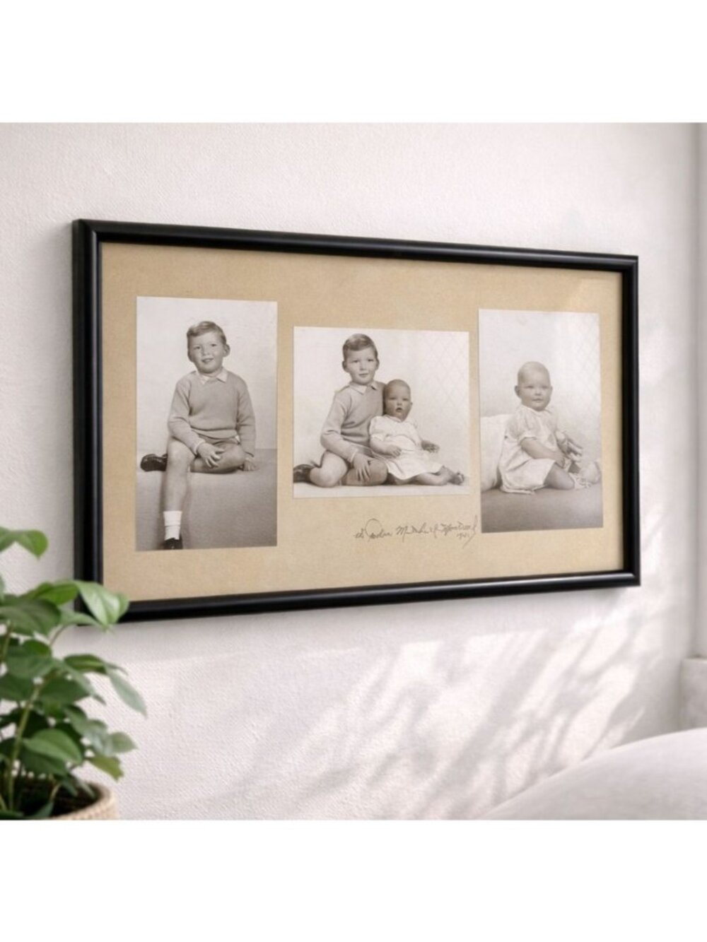 Vintage 1940s Black & White Child Portrait Triptych Framed In Black Wood 20" X 1